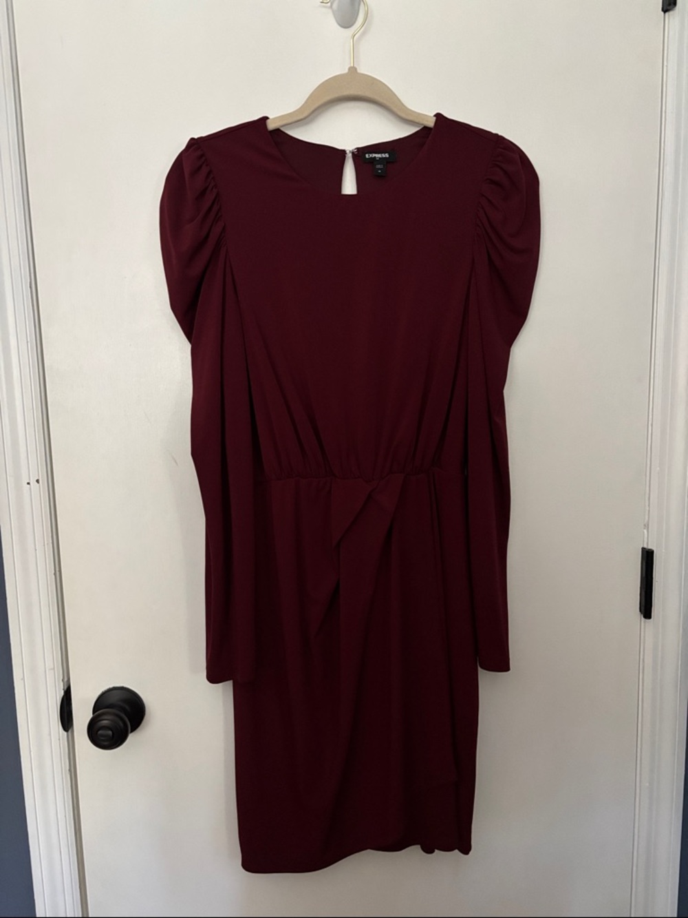Express Maroon Long-Sleeve Puff Shoulder Tie-Waist Dress